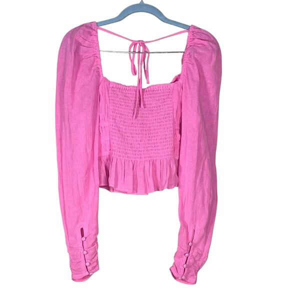 Free People Women’s Chloe Smocked Tie Neck Cotton Top in Pink Aurora Size XS - Picture 5 of 8